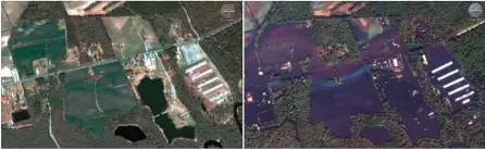  ?? DIGITALGLO­BE, A MAXAR COMPANY VIA AP ?? This combinatio­n of satellite images provided by DigitalGlo­be shows farm land April 6, left, before Hurricane Florence moved through the area and after the storm Thursday near Wallace, N.C.