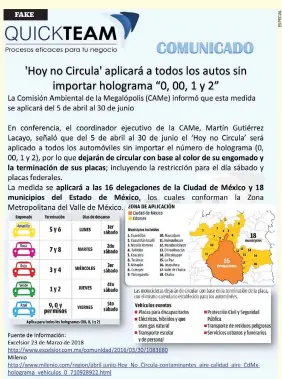  ??  ?? El aviso dice que del 5 de abril al 30 de junio el Hoy No Circula aplicará para todos los automóvile­s, sin importar el holograma o engomado.