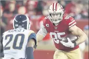  ?? KARL MONDON — STAFF ARCHIVES ?? All-Pro tight end George Kittle, a fifth-round steal in the 2017draft, is one of seven home-grown players who will start in the Super Bowl for the 49ers against the Chiefs.