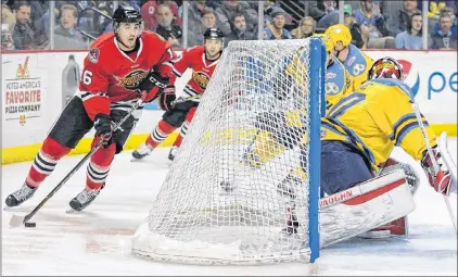  ?? INDY FUEL PHOTO/TWITTER ?? St. John’s native Nathan Noel (16) is shown in action for the ECHL’S Indy Fuel against the Toledo Walleye, the Fuel’s first-round playoff opponent. The ECHL still has to go through a full playoff schedule to complete its 2017-18 campaign, but has...