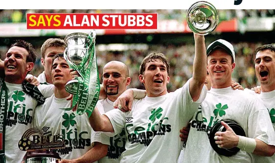  ??  ?? Stubbs leads the party in 1998 after Wim Jansen’s men denied Rangers Ten In A Row, something Celtic are now well on the way to attaining DONE UP TO THE NINES: