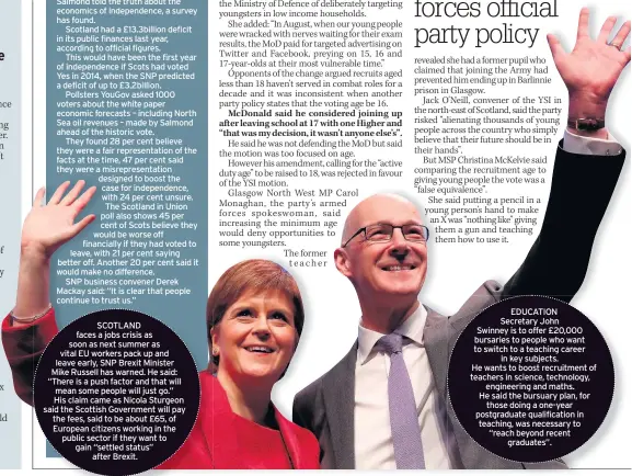  ??  ?? SCOTLAND faces a jobs crisis as soon as next summer as vital EU workers pack up and leave early, SNP Brexit Minister Mike Russell has warned. He said: “There is a push factor and that will mean some people will just go.” His claim came as Nicola...