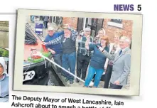  ?? ?? The Deputy Mayor of West
Lancashire, Iain Ashcroft about to smash
a bottle of ‘Kennet’ beer over the bow of Kennet boat to rededicate the
at Burscough Heritage was Week 2012. This
the boat’s first public appearance restoratio­n by following
the Friends of Kennet,
Leeds & Liverpool part of the
Canal Society. The deputy mayor is watched by, from
left: Lynton Childs of the Friends of Kennet,
John Webster, Tom Spencer, and Sandra Nolan
Heritage of the Burscough
Group, Freda Childs, chair
Liverpool of the Leeds & Canal Society and the
deputy mayoress.