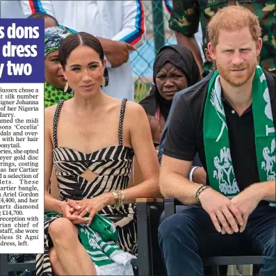  ?? ?? scarves and stripes: Meghan in her zebra dress and gold bracelets to watch a volleyball match with Harry