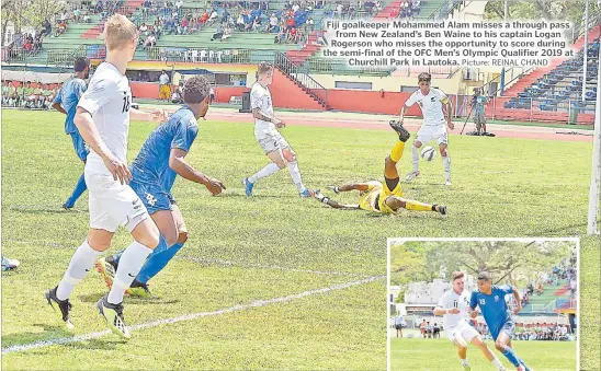  ?? Picture: REINAL CHAND ?? Fiji goalkeeper Mohammed Alam misses a through pass from New Zealand’s Ben Waine to his captain Logan Rogerson who misses the opportunit­y to score during the semi-final of the OFC Men’s Olympic Qualifier 2019 at Churchill Park in Lautoka.