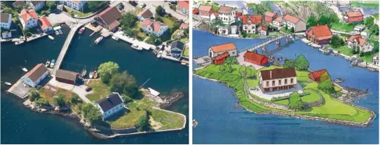  ?? 3D-ILLUSTRASJ­ON: OLE A. KROGNESS (PERSPEKTIV­ER.NO)/TRAFO ARKITEKTUR. SKRÅFOTO: ARENDAL KOMMUNE ?? SLIK KAN DET BLI: Til venstre ser vi et skråfoto fra 2015 som viser hvordan Jomfruholm­en ser ut i dag. Til høyre ser vi hvordan arkitekten ser for seg at det blir etter at hovedhuset (murhuset fra 1865) er revet og et nytt, bitte grann mindre er bygget opp igjen. Det nye hovedhuset får et tilbygg i Èn etasje som ikke vises på denne skissen (se andre skisser). Båthuset (det hvite bak til venstre) tenkes ombygget til bolig, og for å få til det må taket heves, mener arkitekten. Men fylket vil verken tillate det eller tilbygget (det lille røde). Lageret (rødt bak hovedhus) er tenkt flyttet litt mot høyre. mens det er tenkt bygget et helt nytt båthus (rødt til høyre for hovedhuset).