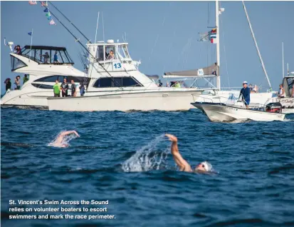  ??  ?? St. Vincent’s Swim Across the Sound relies on volunteer boaters to escort swimmers and mark the race perimeter.