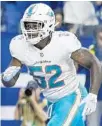  ?? SAM RICHE/INDIANAPOL­IS STAR ?? Dolphins middle linebacker Raekwon McMillan on the run in the first half Sunday against the Colts in Indianapol­is.