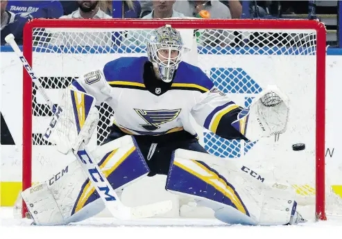  ?? CHRIS O’MEARA / THE ASSOCIATED PRESS ?? Jordan Binnington has carried the St. Louis Blues back into the playoff picture after it looked like the club had no chance. Binnington is 12-1-1 with a .937 save percentage since being called up in January.