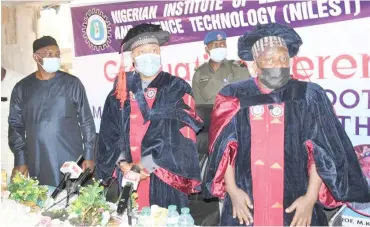  ?? ?? From right: Director-General Nigerian Institute of Leather and Science Technology (NILEST) Prof. Mohammed Yakubu; Minister of State for Science, Technology and Innovation, Barr. Mohammed H. Abdullahi, and Director Finance & Account in the ministry, Mr Ibrahim Otaru, at the graduation ceremony of NILEST sponsored trainees in Abuja, yesterday