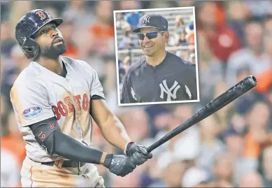  ?? Getty Images; N.Y. Post: Charles Wenzelberg ?? CENTER OF ATTENTION: After the Yankees signed center fielder Jacoby Ellsbury (inset) away from the Red Sox in 2013, Boston has been rewarded for their faith in Jackie Bradley Jr., who was named MVP of the ALCS after clinching the pennant against the Astros on Thursday.