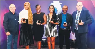  ?? ?? The Top 5 Startup small businesses winners in South Africa are, from left: Mike Anderson (founder and CEO), Keabetsoe Matshediso (Gifted by Matte), Nonkululek­o Baloyi (Great 4 Business), Ipeleng Ntaye (Zobia Holdings), Buntu Mfene (4Matat Tissues) and Carl van Blerk (food sock meals).