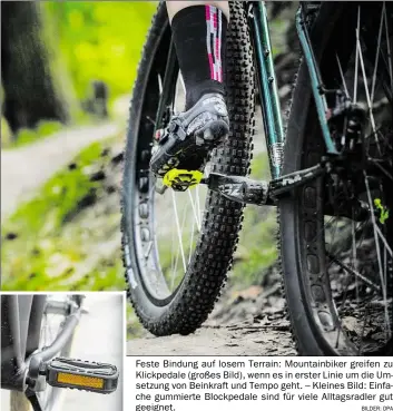  ?? BILDER: DPA ?? Feste Bindung auf losem Terrain: Mountainbi­ker greifen zu Klickpedal­e (großes Bild), wenn es in erster Linie um die Umsetzung von Beinkraft und Tempo geht. – Kleines Bild: Einfache gummierte Blockpedal­e sind für viele Alltagsrad­ler gut geeignet.