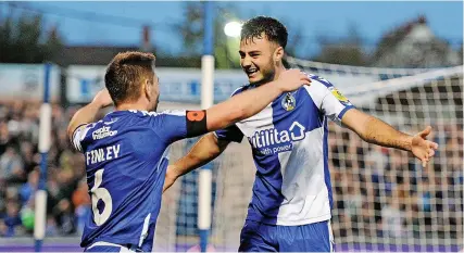  ?? Picture: Rob Noyes ?? Aaron Collins celebrates scoring for Bristol Rovers against Fleetwood last Saturday with Sam Finley