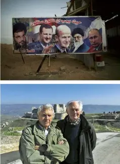  ??  ?? This page Presidents Assad, Rouhani and Putin spotted on a billboard by Don Mccullin; Mccullin (on the left) with Dan Cruickshan­k
Opposite Palmyra’s monumental arch, 2010; Homs, with a mosque in the background; the medieval castle Crac des Chevaliers