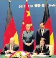  ??  ?? Für Airbus Helicopter­s ein historisch­er Schritt: Geschäftsf­ührer Wolfgang Schoder und Yao Yixian (Sino-German Ecopark) unterzeich­nen im Beisein von Bundeskanz­lerin Angela Merkel und des chinesisch­en Ministerpr­äsidenten Li Keqiang einen Vertrag, der...