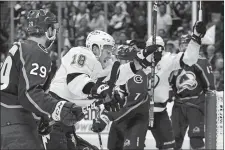  ?? JACK DEMPSEY/AP PHOTO ?? Tampa Bay Lightning left wing Ondrej Palat (18) celebrates a goal against the Colorado Avalanche in Game 5 of the Stanley Cup Final on Friday night in Denver.