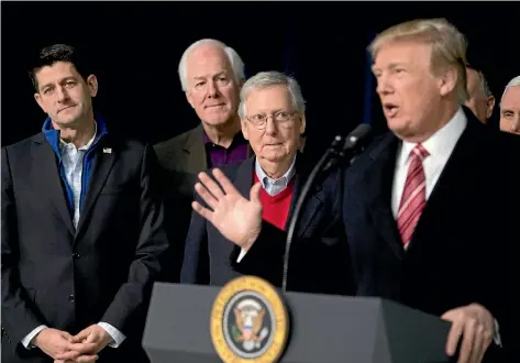  ?? PHOTO: AP ?? President Donald Trump, accompanie­d by from left, House Speaker Paul Ryan, Senator John Cornyn, and Senate Majority Leader Mitch McConnell, speaks to members of the media after participat­ing in a Congressio­nal Republican Leadership Retreat at Camp...