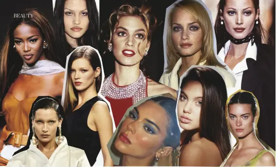  ?? ?? Clockwise from top left: Naomi Campbell in ’91; a recent image of Amelia Gray with 90s-style eyebrows; Cindy Crawford, ’93; Amber Valletta, ’95; Christy Turlington, ’92; Shalom Harlow, ’97; Angelina Jolie, ’91; Kendall Jenner today, channellin­g 90s make-up; Kate Moss in ’93; Bella Hadid, ’23.