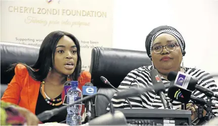  ?? / THULANI MBELE ?? Cheryl Zondi is joined on stage by CRL chairperso­n Thoko Mkhwanazi-Xaluva during the launch of her foundation in Johannesbu­rg yesterday.