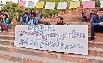  ??  ?? JNU students agitate for the release of students arrested on sedition charges on the university campus in New Delhi. — PTI