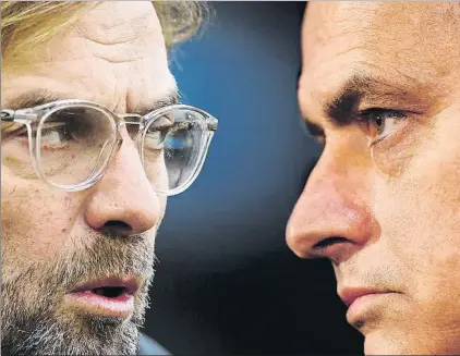  ?? FOTO: GETTY ?? Klopp y Mourinho, cara a cara en un enfrentami­ento actualment­e desigual desde el punto de vista deportivo