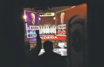  ?? Scott Strazzante / The Chronicle ?? Supporters of President Trump cheer at the Marin County Republican­s’ watch party in Novato as the president is declared the winner of the vote in Florida, a state crucial to his reelection.