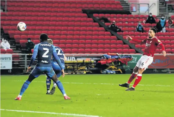  ?? Picture: David Davies/PA ?? Zak Vyner scores Bristol City’s second goal in the win against Preston at Ashton Gate