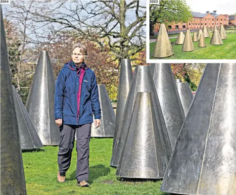  ?? ?? A brass sculpture installati­on created in Farnham last year, inset above, has weathered to the point it resembles ‘black dented cones’, which locals claim are an ‘eyesore’