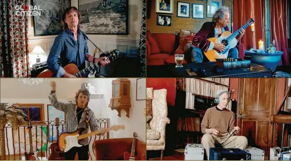  ?? Foto: Getty Images ?? Die Rolling Stones in ihren Villen, nur auf dem Bildschirm vereint (im Uhrzeigers­inn): Mick Jagger in Los Angeles, Keith Richards in Sussex, Charlie Watts in Devon, Ronnie Wood in Surrey.