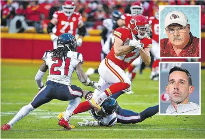  ??  ?? Travis Kelce (re.) will für Andy Reid (o.) siegen – Kyle Shanahan (u.) hofft auch auf den Titel