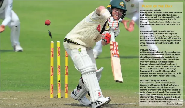  ?? BACKPAGEPI­X ?? RIGHT THROUGH THE GATE: Aussie run machine David Warner is bowled for 63 by Lungi Ngidi on day one of the second Test at St George’s Park in Port Elizabeth yesterday. PICTURE: