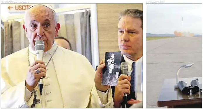  ??  ?? El Papa Francisco muestra la fotografía de un niño de Nagasaki con su hermano muerto a la espalda, al comienzo de su viaje apostólico a Chile y Perú en enero. A la derecha, el líder de Corea de Norte, Kim Jong Un, observa el lanzamient­o de un misil