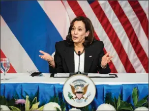  ?? (The New York Times/Haiyun Jiang) ?? Vice President Kamala Harris holds a discussion with environmen­tal and clean energy leaders Sunday at Chief of Mission Residence in Bangkok, Thailand.