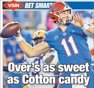  ??  ?? YEE-HA! Though some key players from each side have opted out of Wednesday’s Cotton Bowl, Florida quarterbac­k Kyle Trask (above) and his Oklahoma counterpar­t, Spencer Rattler, will make sure the final score zooms past the total of 69.5, agree VSiN experts Brian Edwards and Dave Tuley.