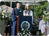  ?? Photo by Ann Cole ?? Commenceme­nt speakers Paul Caldwell and Jordyn Goldberg did a duet as they compared the senior class Disney trip rides to their four years at CR North, asking, “What to do now that the ride is over?”