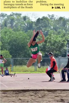  ?? (Macky Lim/ Contribute­d Photo) ?? BEST JUMP. 14-year-old Rona Bacus of Balubal National High School takes CDO's first gold in athletics via 11.01 time effort in girls triple jump in 2019 Batang Pinoy Mindanao.
