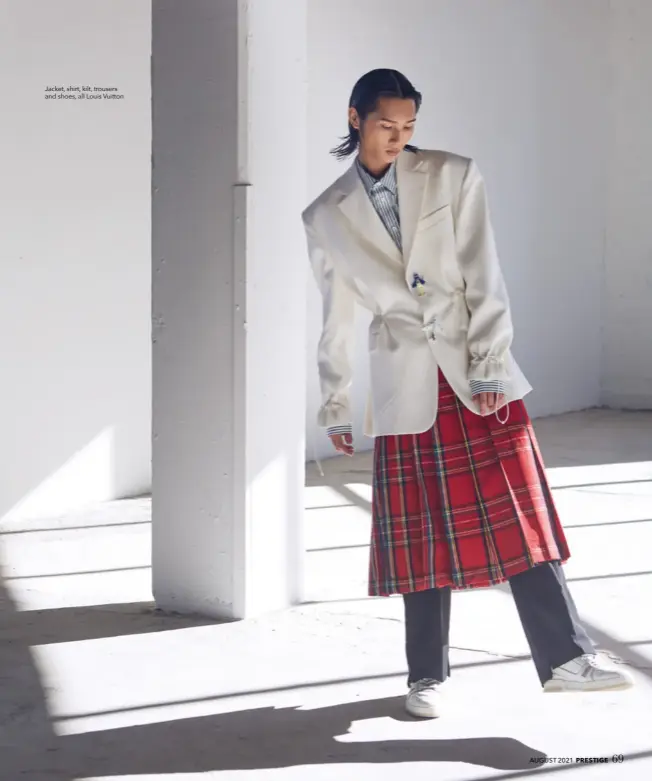  ??  ?? Jacket, shirt, kilt, trousers and shoes, all Louis Vuitton