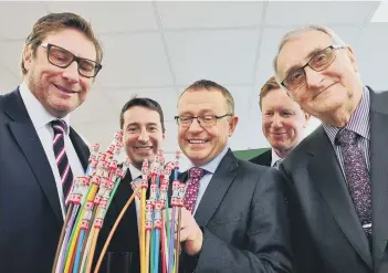  ?? From left, Mayor of Cambridges­hire and Peterborou­gh James Palmer and Peterborou­gh City Council leader Coun John Holdich with Guilhem Poussot (Vodafone), Andy Starnes, of City Fibre, and Rob Hanalin of City Fibre. ??