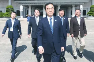  ?? (Ahn Young-joon/Reuters) ?? SOUTH KOREAN Unificatio­n Minister Cho Myoung-gyon walks to board a plane to leave for Pyongyang, North Korea, to participat­e in the inter-Korean basketball matches in July.