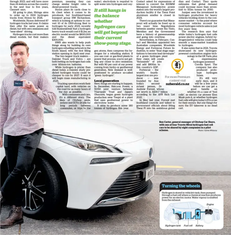  ?? Photo / Sylvie Whinray ?? Ben Carter, general manager of Cityhop Car Share, with one of four Toyota Mirai hydrogen fuel cell cars to be shared by eight companies in a pilot scheme.