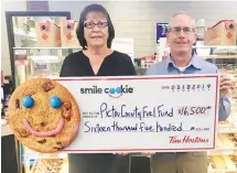  ?? CONTRIBUTE­D ?? Pictou County Fuel Fund chairperso­n Roseanne MacGregor accepts a $16,500 donation from Jim Shaw of the Pictou County Tim Hortons stores. The funds were raised through the annual Smile Cookie campaign, which takes place in September. This amount represents half of the total funds raised, with the other portion going to the Pictou County Food Banks.