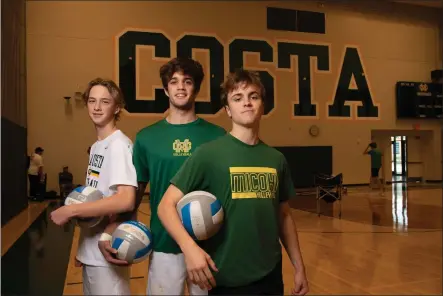  ?? CHUCK BENNET, CONTRIBUTI­NG PHOTOGRAPH­ER ?? From left, Mira Costa team captains Johnny Dykstra, Victor Loiola and Zach Chapin have led the Mustangs to a 10-0start this season.