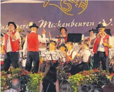  ??  ?? Gute Blasmusik und tolle Stimmung auf dem Weinfest in Meckenbeur­en – das war auch der Verdienst der Musikanten aus Brochenzel­l.