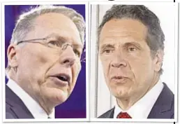  ??  ?? The NRA — headed by Wayne LaPierre (left) — has filed a federal lawsuit against Gov. Cuomo (right) and the state, saying the administra­tion is violating the gun group’s rights.