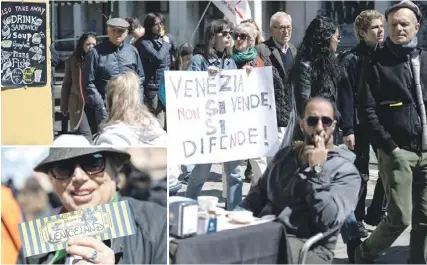  ?? PHOTOS: MARCO BERTORELLO/AFP ?? A woman holds a banner reading ‘Venice is not sold, it is defended’ as protesters take part in a demonstrat­ion against the new Venice Access Fee in Venice, yesterday. Inset: a woman holds a ticket reading ‘Welcome to Veniceland’.