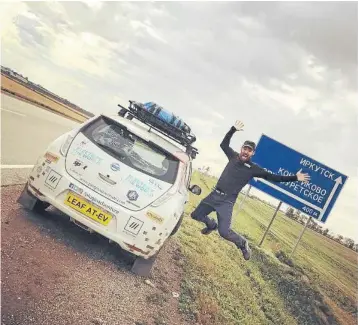  ??  ?? JUMP FOR JOY: Chris Ramsey en route to Ulan-Ude in Siberia in the Mongol rally