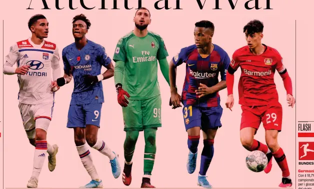  ??  ?? Dal vivaio
Da sinistra, Houssem Aouar (Lione), 21 anni; Tammy Abraham (Chelsea), 22; Gianluigi Donnarumma (Milan), 21; Ansu Fati (Barcellona), 17; Kai Havertz (Bayer Leverkusen), 20 per cento L’Athletic Bilbao con il 48,3% di utilizzo è la squadra che nei top 5 campionati europei (e ottava totale) dà più spazio ai giocatori cresciuti in casa. La più virtuosa in assoluto è il Sigma Olomouc (campionato ceco) che in questa stagione è arrivato a una media del 66,7%
Germania Con il 18,7%, è il campionato top per i giocatori dal vivaio