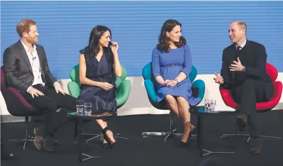  ?? Picture: GETTY ?? Prince Harry, Meghan Markle and the Duchess and Duke of Cambridge at the first annual Royal Foundation Forum in London yesterday.