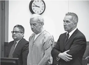  ?? ?? Walter C. Boyuk, 79, center, of the Hilliard area, appeared in Franklin County Common Pleas Court on Monday with his attorneys Vicente Rivera, left, and Jeremy Dodgion, right, to plead guilty to involuntar­y manslaught­er for fatally shooting his wife in 2020. According to prosecutor­s, Boyuk staged the scene of his wife’s death to look like a robbery.